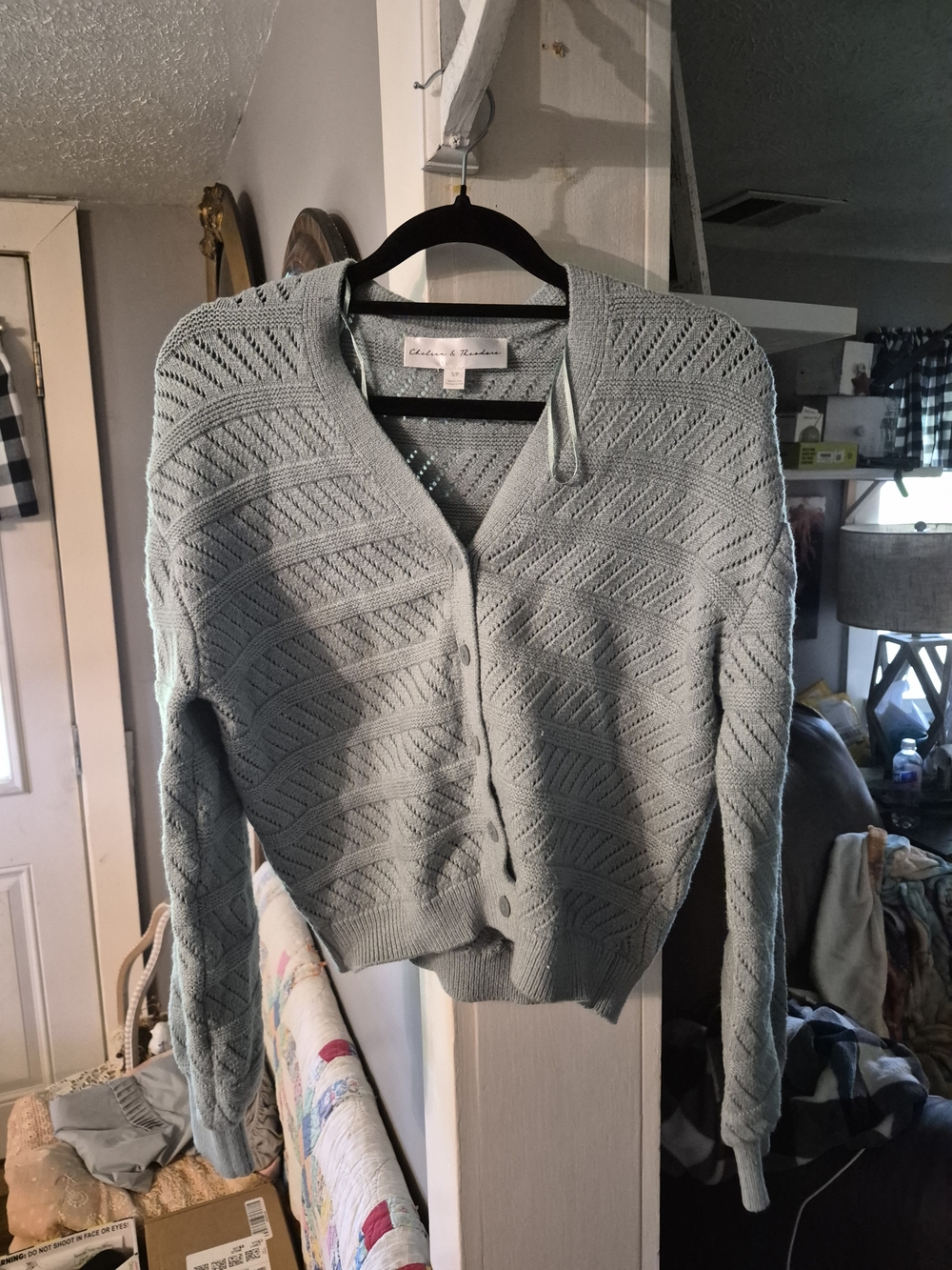 Chelsea & Theodore Light Gray Openwork Knit Button Cardigan